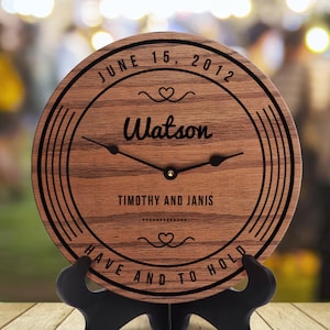 Personalized Vinyl Record Wooden Clock: Engraved Anniversary Gift for Couple