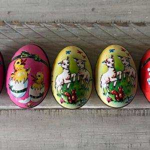 Vintage Metal Easter Eggs Set: Chicks, Lambs, Made in Hong Kong