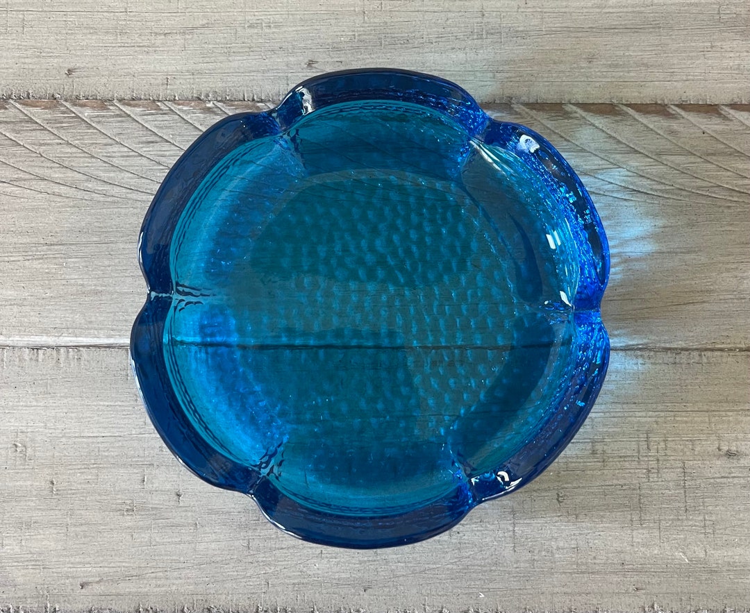 Vintage Blenko Blue Glass Ashtray Vintage Blue Glass Decor Flower