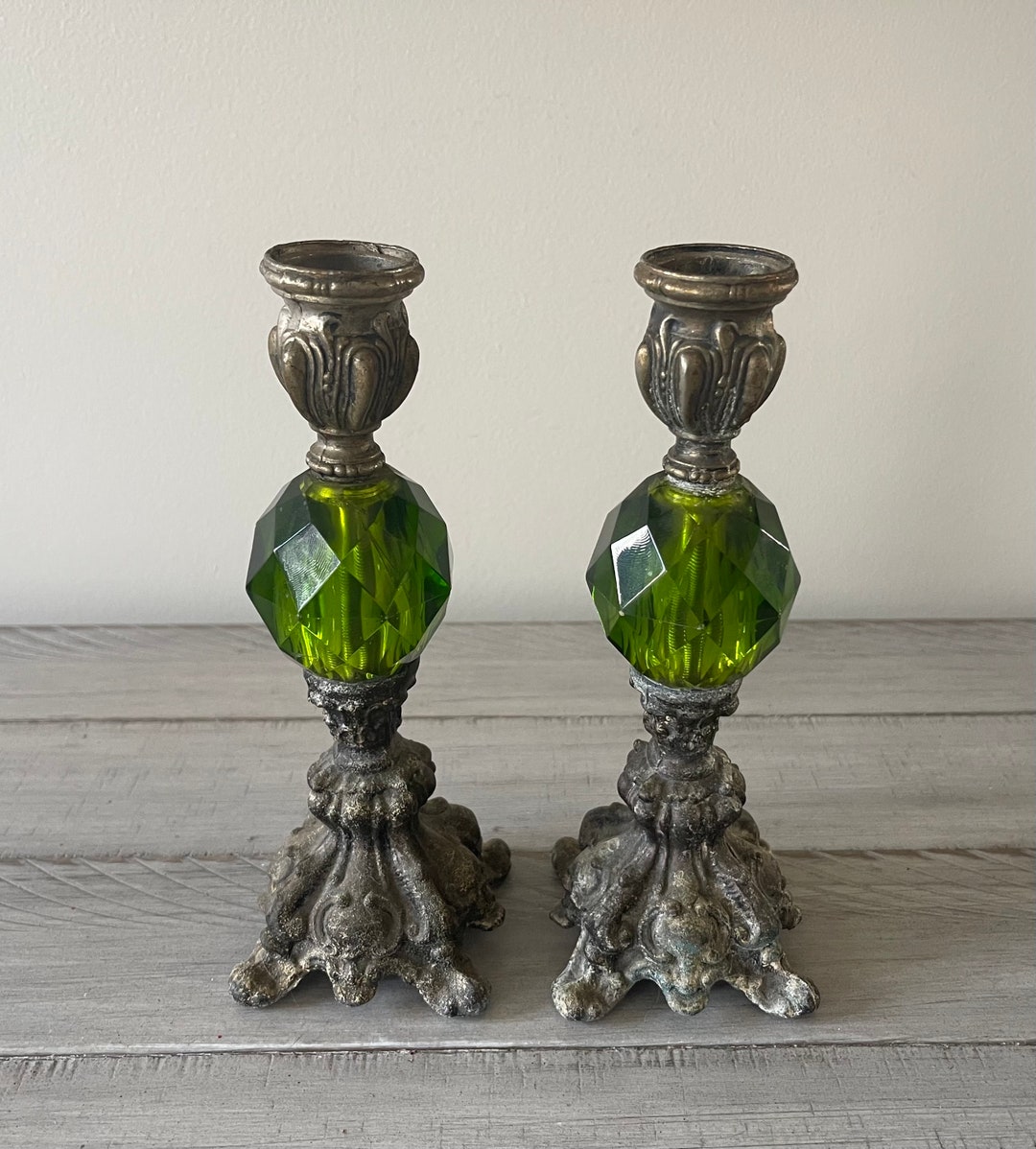 Vintage Candlestick Holders Set of Two Cast Metal and Green - Etsy