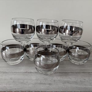 Vintage Roly Poly Glasses Set: Mid Century Silver Stripe Barware