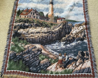 Vintage Fringed Throw Blanket with Lighthouse Vintage Linen