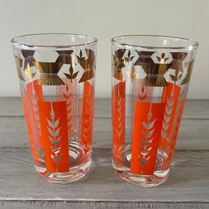 Vintage Gold Glasses Retro Orange and Gold Set of  2 Vintage Glasses Bar Glasses Set of 2 Tumblers Kitchen Decor