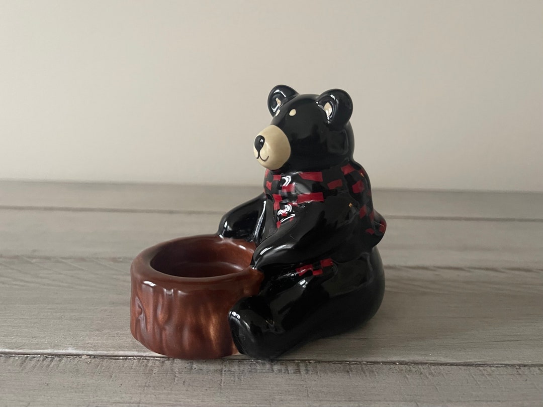 Vintage Bear Glass Candle Holder Cabin Decor Bear Figurine Vintage