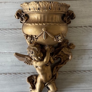 Vintage Gold Cherub Wall Planter Gold Resin Wall Planter by Home Interiors Vintage Wall Pocket Vintage Gold Decor Hollywood Glam