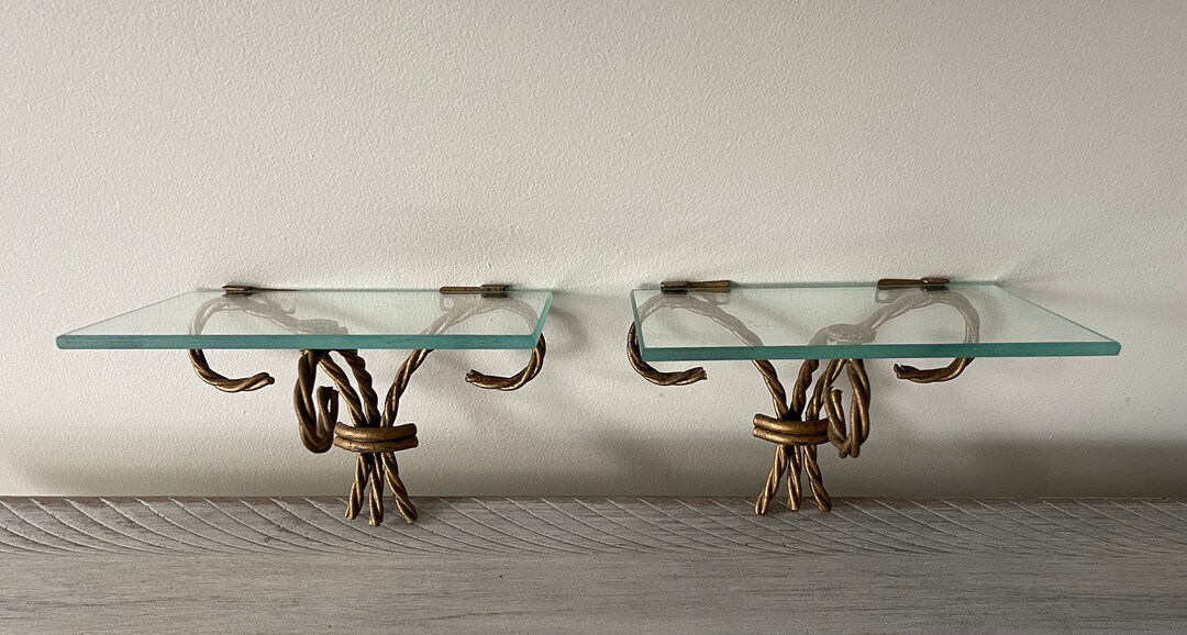 Vintage Gold Metal Wall Shelves With Glass Set of Two Glass Shelves