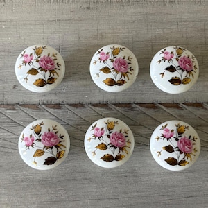 Set of 6 Vintage Porcelain Rose Cabinet Knobs, Gold Floral Drawer Pulls