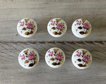 Set of 6 Vintage Porcelain Rose Cabinet Knobs, Gold Floral Drawer Pulls