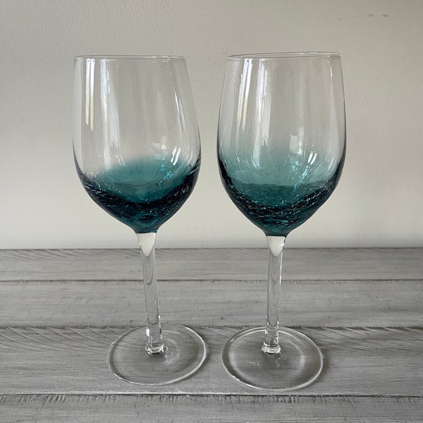 Blue Crackle Glass Pier 1 Wine Glasses Set of 2 Blue Wine Glasses White Wine Glasses Wine Goblets Pier One Glasses