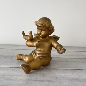 Gold Cherub Figurine with Bird Gold Decor Vintage Cherub Decor Angel with Wings Vintage Figurine Vintage Angel
