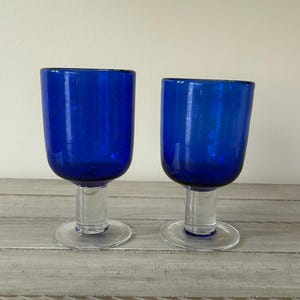 Vintage Hand Blown Blue Wine Glasses Set of 2 Blue Wine Goblets with Clear Stems Cobalt Blue Glass