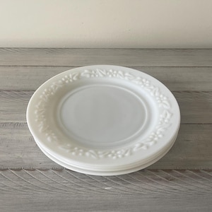 Vintage Hazel Atlas Milk Glass Plates: Embossed Floral Set of 4