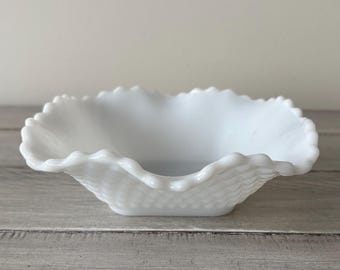Vintage Milk Glass Dish, Diamond Pattern Scalloped Bowl