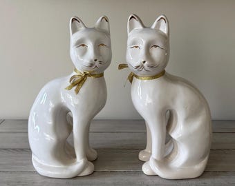 Vintage Porcelain Cat Statues White with Gold Cat Figurines Set of 2