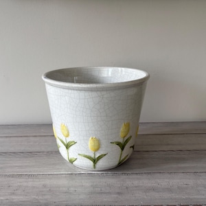 Vintage Italian Pottery Flower Pot with Yellow Tulips – Crackle Glaze Decor