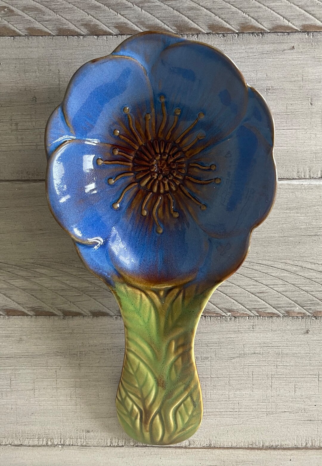 Vintage Spoon Rest Brown Drip Glaze Pottery Vintage Flower Spoon Rest