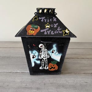 Vintage Halloween Pumpkin Lantern: Ghost & Skeleton Tealight Holder