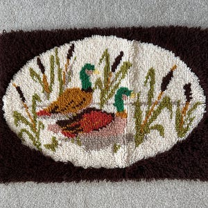 Vintage Duck Decor Vintage Latch Hook Rug or Wall Decor Vintage Ducks and Cattails