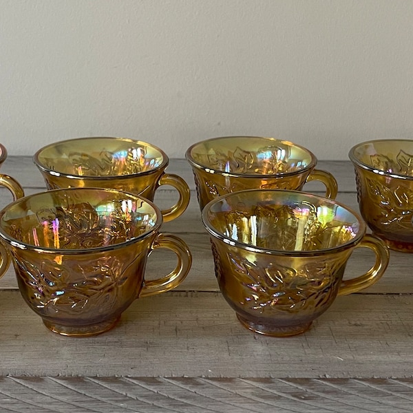 Vintage Indiana Carnival Glass Grape Harvest Iridescent Marigold Glass Set of 8 Vintage Punch Cups Indiana Glass Vintage Carnival Glass