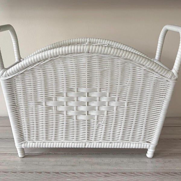 Vintage White Wicker Magazine Holder Home Decor