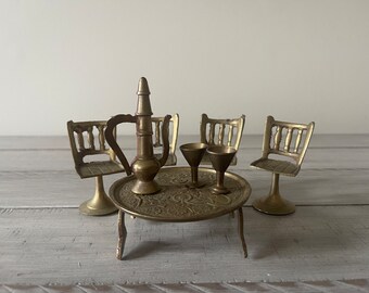 Vintage Brass Dollhouse Tea Set: Miniature Table Chairs Decor