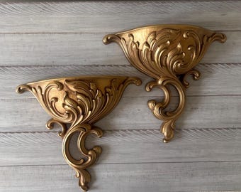 Vintage Syroco Gold Resin Wall Planters - Hollywood Glam Decor