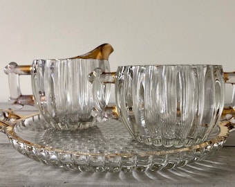 Vintage Depression Glass Sugar Bowl and Creamer Set With Tray Gold Trim Jeannette 1940’s Jeannette Depression Glass Vintage Creamer Set