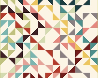 May include: A square quilt featuring a geometric pattern composed of numerous small triangles. The design incorporates a palette of cream, dark teal, mustard yellow, muted red, soft pink, light green, and grey arranged in a repeating grid layout.