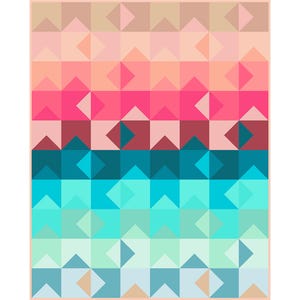 May include: A rectangular quilt featuring a geometric pattern of repeating triangles and squares arranged in horizontal bands. The color palette transitions from warm beige and peach tones at the top to vibrant pinks, deep reds, teals, and cool blues at the bottom.