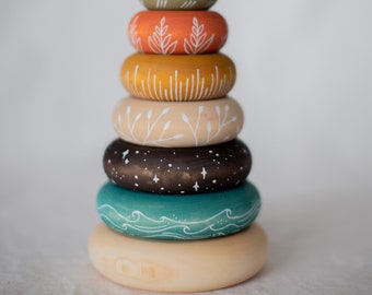Hand-Painted Wooden Stacker Toy: Waves, Stars, Plants