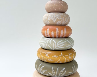 Hand-Painted Wooden Stacker Toy: Earth-Toned Summer Colors