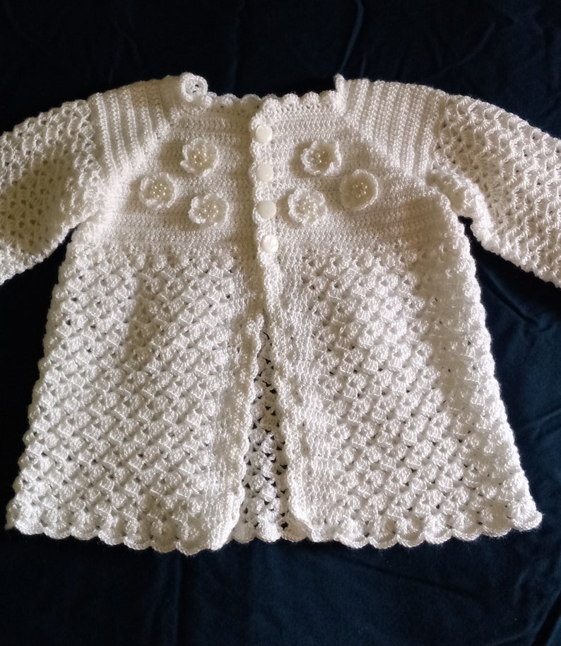 Baptism Christening Gown Baby Girl Handmade Crochet White Sweater Bead