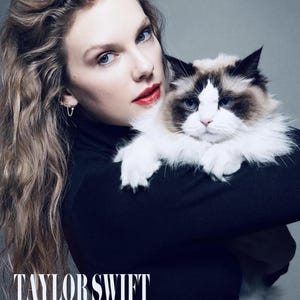 May include: A woman with long blonde hair is holding a white and gray cat. She is wearing a black turtleneck sweater. The text "TAYLOR SWIFT CHILDLESS CAT LADY" is printed below the image.