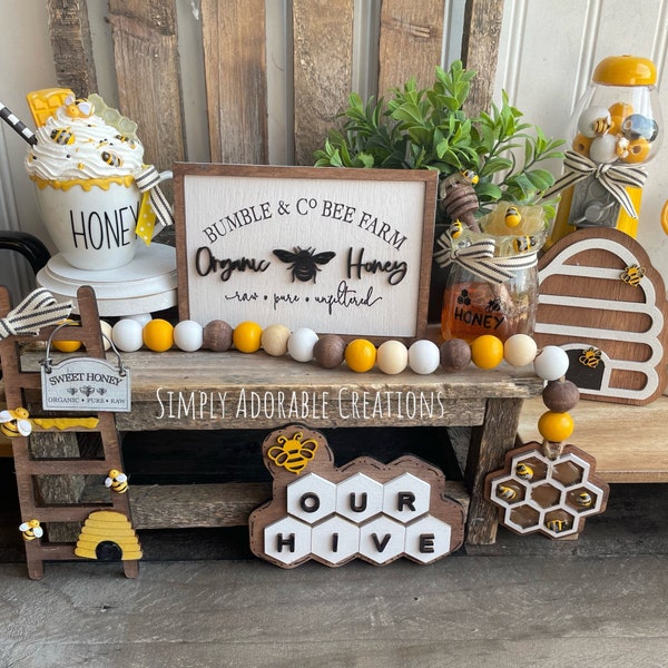 Farmhouse Bumble Bee Tiered Tray, Honey Bee Summer Decor, Bumble Bee Decor Mini Sign Bundle, Faux Honey Pot. Faux Baked Treats