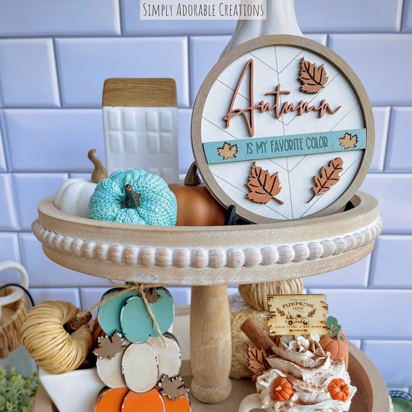 Autumn  Tiered Tray Decor Set, Orange and Teal Fall Farmhouse Decor, Tiered Tray Bundle, Fall Wreath, Tray Signs, Mantle Display,