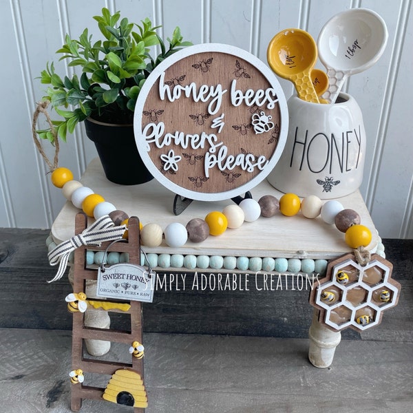 Honey Bee and Flowers Please Mini Sign Bundle,  Tiered Tray Decor, Bumble Bee Farmhouse Decoration, Bumble Bee Decor Mini Sign, Faux Treats