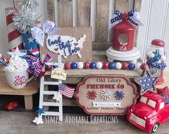 Patriotic Fireworks  Tiered Tray Decor Bundle,Summer Farmhouse Decor, Red White and Blue Tabletop Display, USA Display, 4th of July
