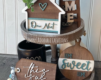 Home Sweet Home Tiered Tray Decor, Neutral Modern Farmhouse Decor, 3D Wood Signs, Everyday Tabletop  Display, Our Nest Mini Sign Set