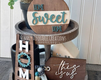 This is Us Home Sweet Home Tiered Tray Decor, Neutral Modern Farmhouse Decor, 3D Wood Signs, Everyday Tabletop  Display,Mother's Day Gift