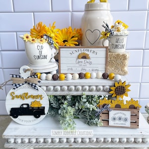 Sunflower Tiered Tray Decor Set, Summer Farmhouse Decor, Tiered Tray Bundle, Fall Tray Signs, Mantle Display