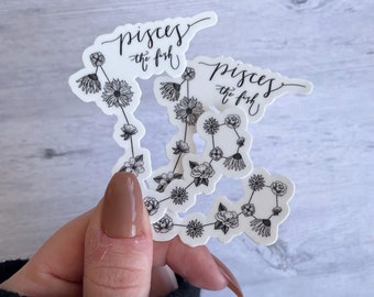 Pisces Floral Constellation Sticker: Black & White Zodiac Vinyl, Astrology Decal