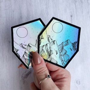 Holographic Mountain Sticker, Geometric Nature Sticker, Mountain Range Sticker, Outdoor Scenic Nature Sticker, Camping Sticker, Hexagon