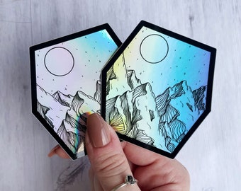 Holographic Mountain Sticker: Geometric Nature, Camping Decal