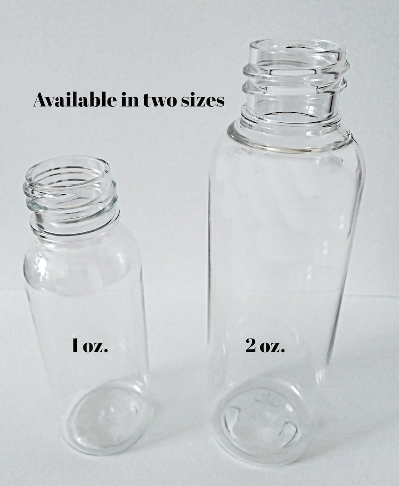 May include: Two clear glass bottles, one labeled "1 oz." and the other "2 oz." The bottles are cylindrical with a threaded neck. The text "Available in two sizes" is above the bottles.