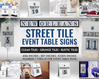 Puede incluir: Señales de mesa de evento de azulejos de la calle de Nueva Orleans en tres tamaños: 4x6 pulgadas, 5x7 pulgadas y 8,5x11 pulgadas. Las señales presentan un diseño de flor de lis y la palabra "TABLE" con un número del 1 al 25. Las señales están disponibles en estilos de azulejos limpios, grunge y rústicos.