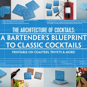 Può includere: Sottobicchieri stampabili blu e bianchi con ricette di cocktail e il testo "The Architecture of Cocktails: A Bartender's Blueprint to Classic Cocktails. Printable on Coasters, Trivets & More!"