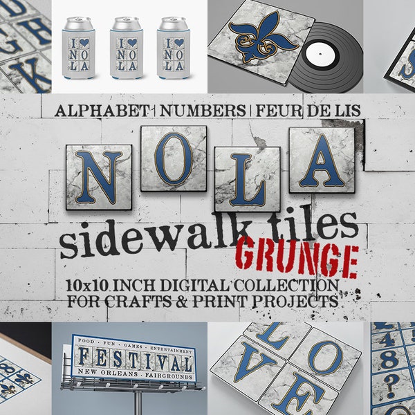 Paquete digital de azulejos, números y símbolos de la calle Grunge de alta resolución de Nueva Orleans