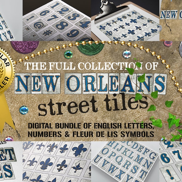 Paquete digital de alfabetos, números y símbolos de azulejos de calles históricas de Nueva Orleans