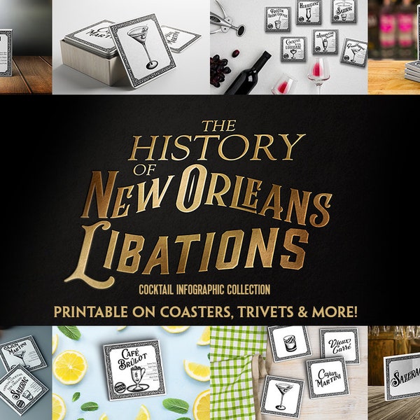 Historic Libations of New Orleans Cocktail Art Collection for Printing 4x4" Coasters, Trivets & More