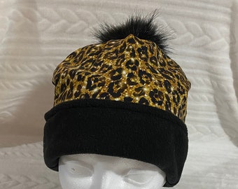 Leopard Print Hat with Removable Pompom